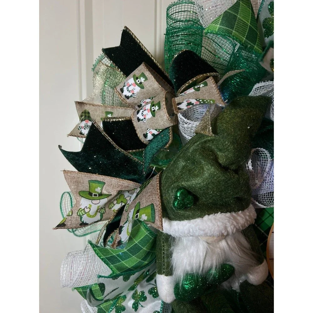 Handmade Happy St. Patrick’s Day Gnome Ribbon Prelit Wreath 22 ins LED W12